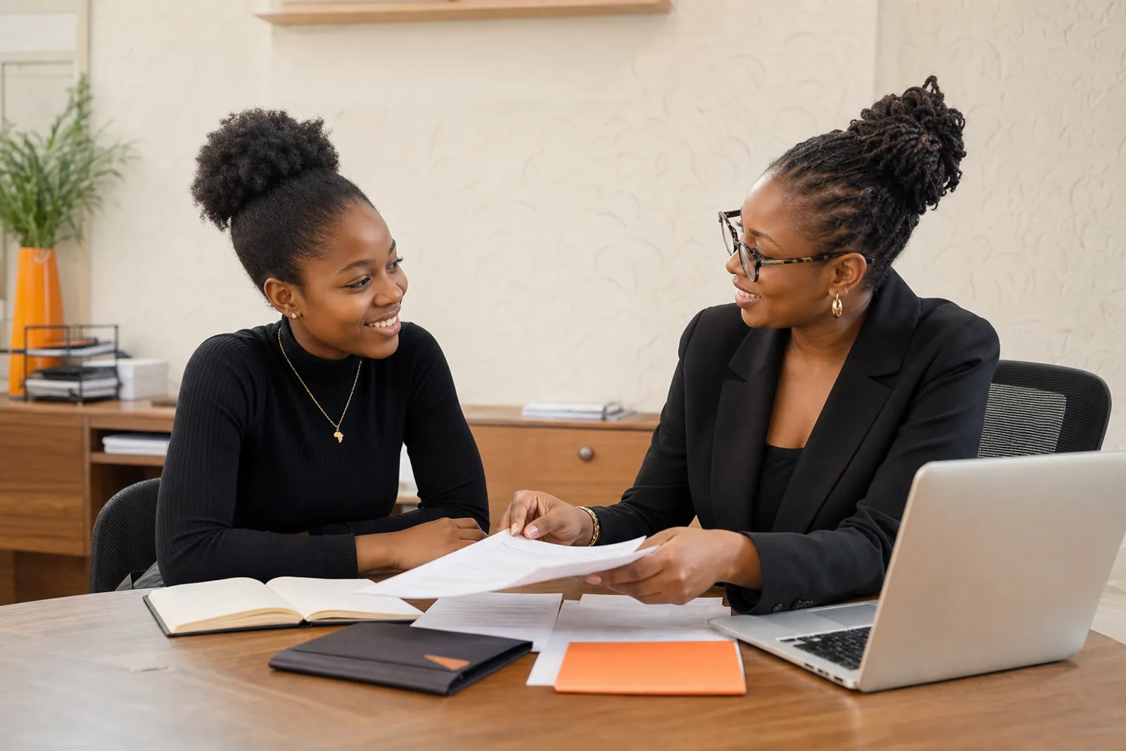Student reviewing an application with a consultant